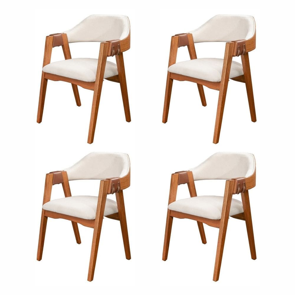 Conjunto com 4 Cadeiras de Madeira 100% Maciça, Estofada e Braço em Couro único Bélgica Living ou Imbuia/boucle Cru