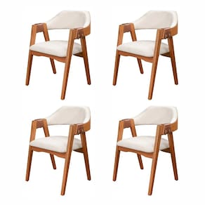 Conjunto com 4 Cadeiras de Madeira 100% Maciça, Estofada e Braço em Couro único Bélgica Living ou Imbuia/boucle Cru