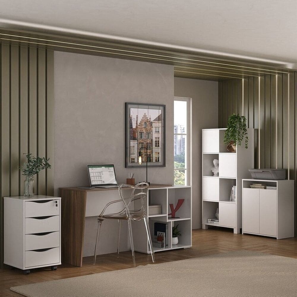 Kit 4 Peças com Escrivaninha Moderna, Gaveteiro Bit, Armário com Nichos e Balcão Multiuso 2 Portas Ipê/Branco