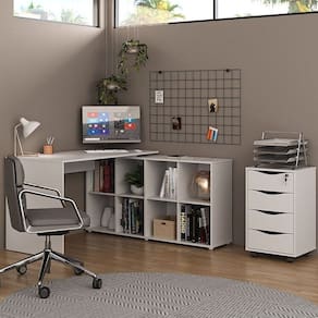 Kit 2 Peças com Escrivaninha em L 8 Nichos e Gaveteiro Bit Organizador 4 Gavetas com Chave Branco