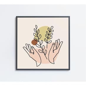 Quadro Feminino Silhueta Mãos Ramos Artística Contínua Medidas 80x80 Cm Impressão Vidro Acrílico
