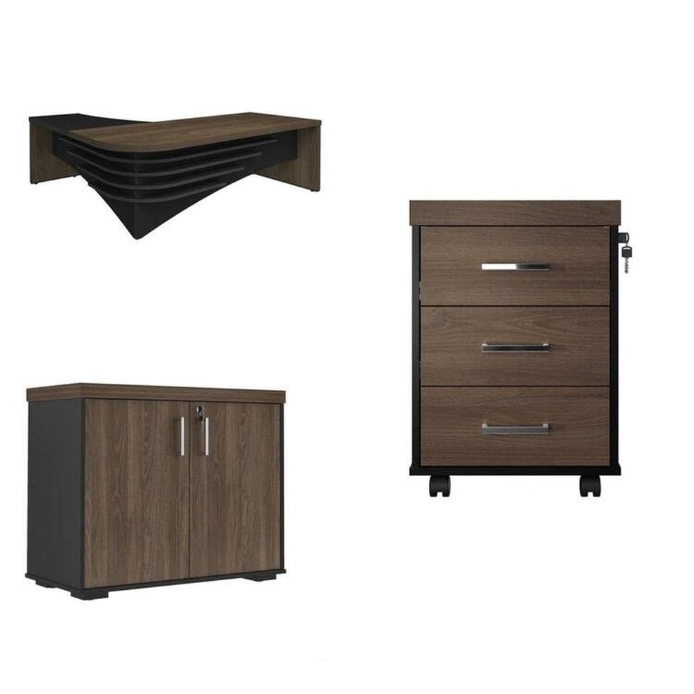 Kit 3 Peças com Mesa Diretor em L e Tamburato, Balcão Multiuso 2 Portas e Gaveteiro 3 Gavetas Charuto/Preto