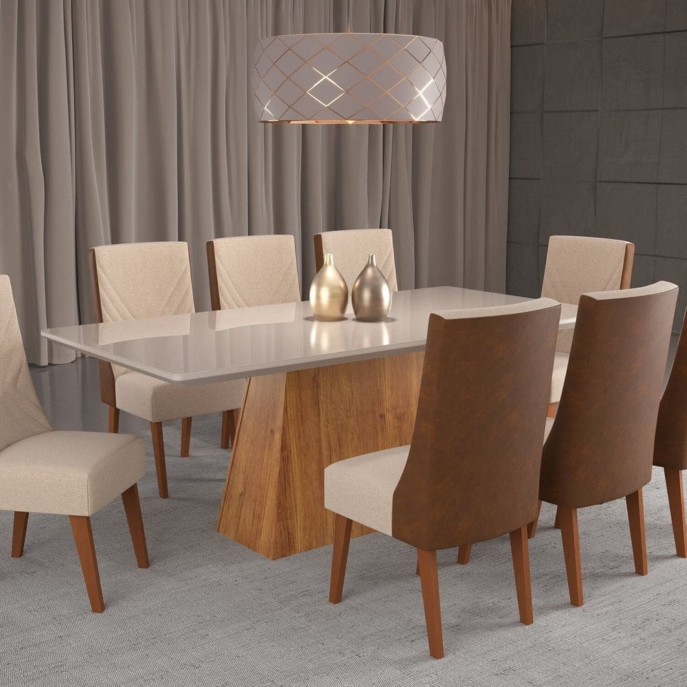 Mesa de Jantar Retangular 200x90 Haven com 8 Cadeiras em Madeira Maciça Topazio Mel/Off Whiti/ Durango
