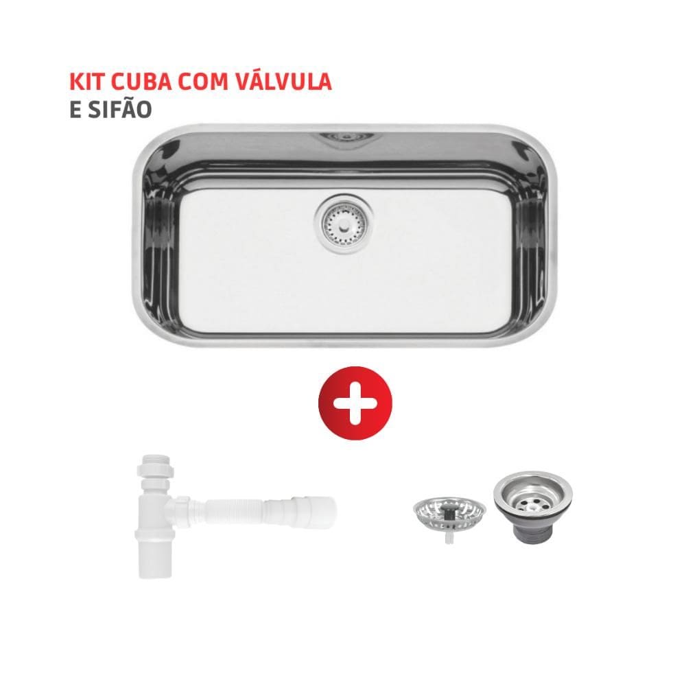 Cuba Lavínia 56 BL em aço inox alto brilho 56x34cm com válvula Tramontina com Sifão Universal Com Copo