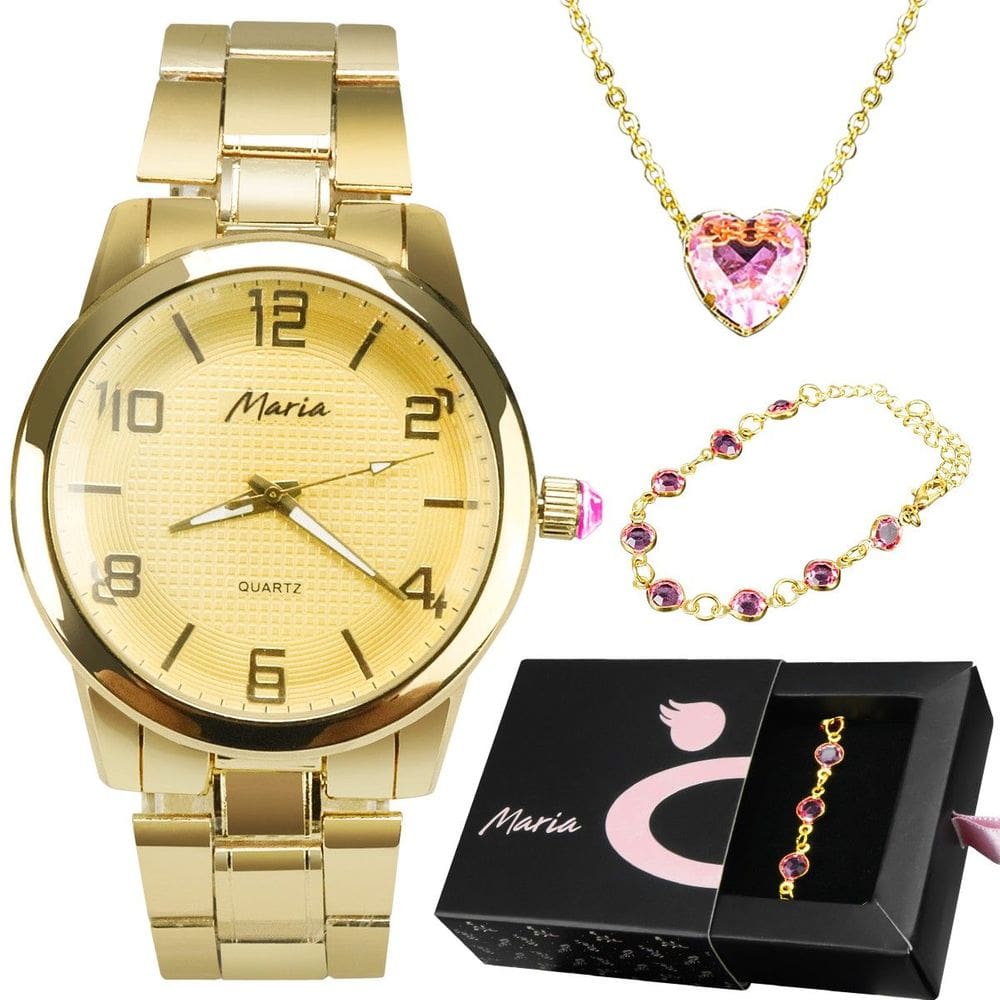 Kit relogio feminino 18k aço banhado garantia presente