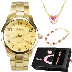 Kit relogio feminino 18k aço banhado garantia presente