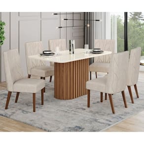 Conjunto Sala Jantar Solana 160cm Canto Arredodado com Vidro + 6 Cadeiras Eloá Marrom/Off White