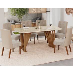 Conjunto Sala Jantar Adriana 180cm Canto Arredondado com Vidro + 6 Cadeiras Anne Marrom/Off White/Bege