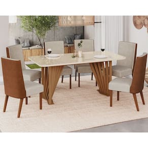 Conjunto Sala Jantar Adriana 180 Cm 6 Cadeiras Anne Canto Arredondado com Vidro Marrom/Off White/Caramelo