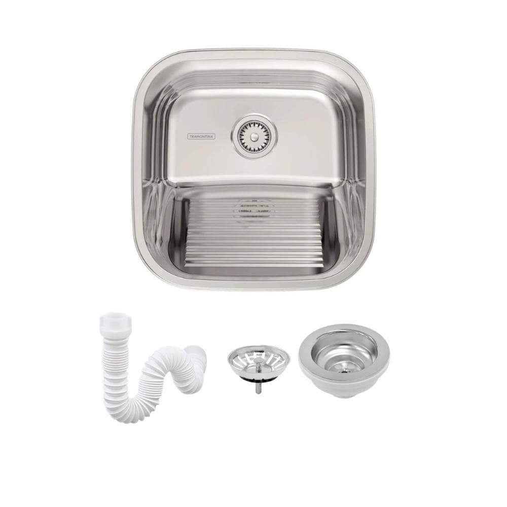 Tanque Em Inox De Encaixe A304 Hera 23l 40x40cm Com Válvula 94403/407 Polido Tramontina com Sifão Sanfonado Universal Simples 1.1/2”