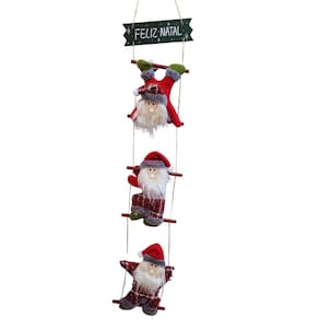 Placa Feliz Natal Escada Madeira 90cm 3 Bonecos Papai Noel Pelúcia - Master Christmas