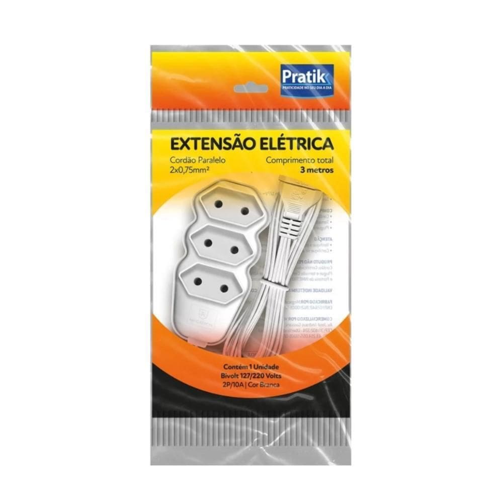 Extensão Pratik Com 3 Tomadas - 5 Metros - 10A - Branca