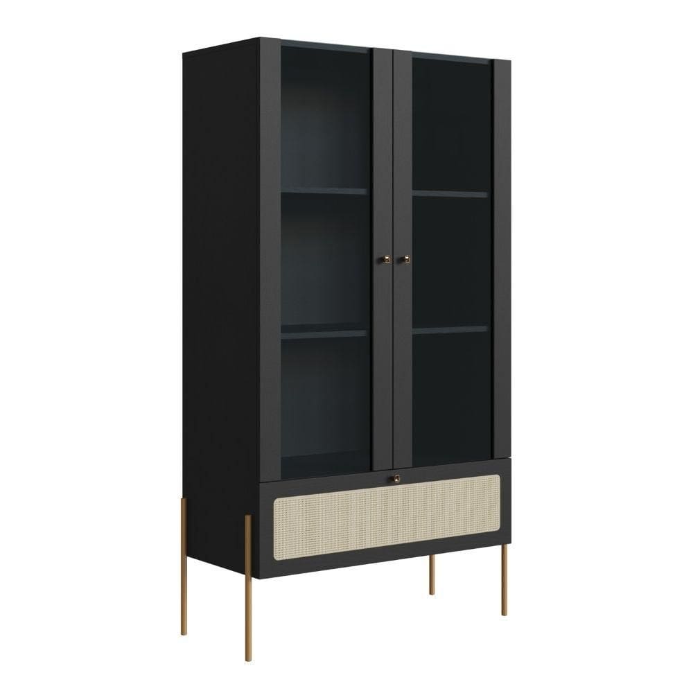 Cristaleira 2 Portas Oslo Artesano 83 cm (larg) MDP Nero Palha Sintética Bege e Pés Metal Dourado