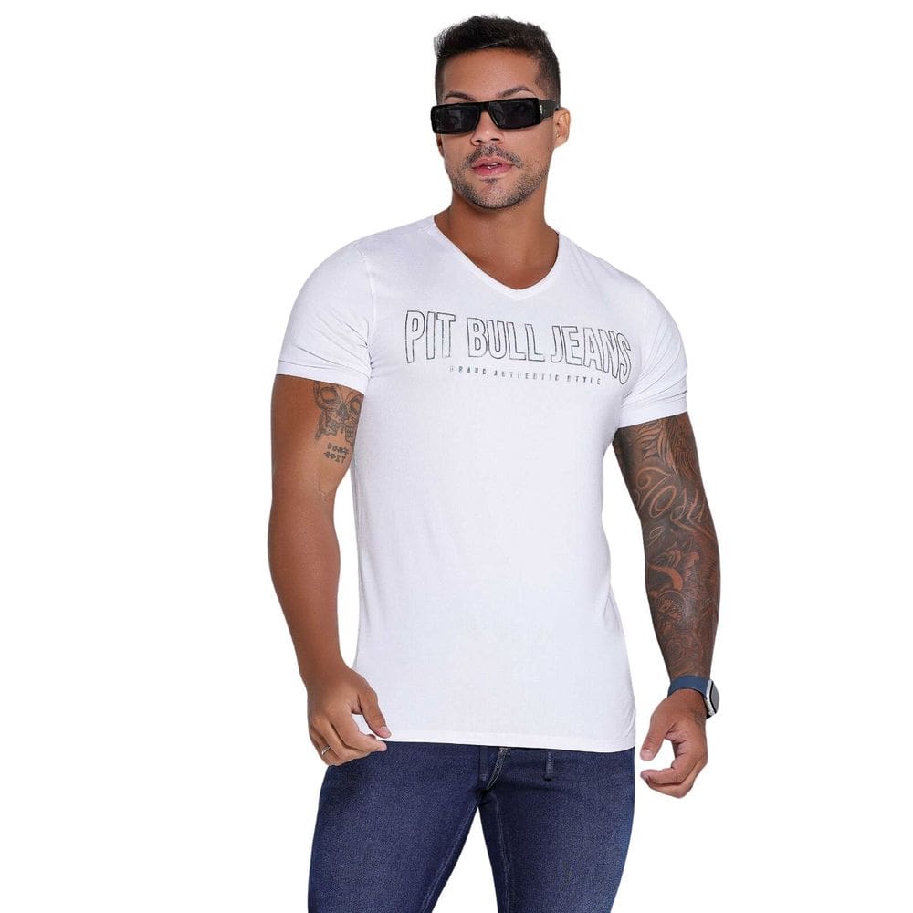 Camiseta Masculina Gola V Branca Pit Bull 80738