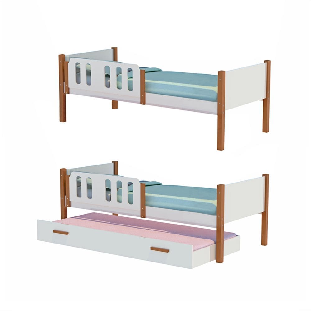 Kit 2 Camas Infantil Solteiro Ônix com 1 Cama Auxiliar - Branco/Caramelo - Divaloto Móveis