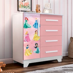 Comoda Infantil Personagens Organizadora 4 Gavetas 1 Porta - Rosa