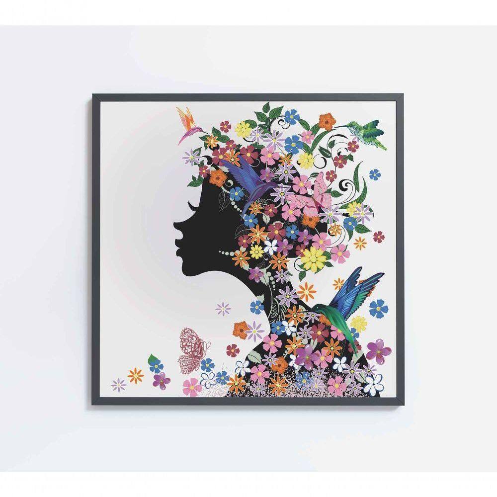 Quadro Desenho Mulher Com Flores Medidas 60x60 Cm Impressão Adesivo Fotográfico