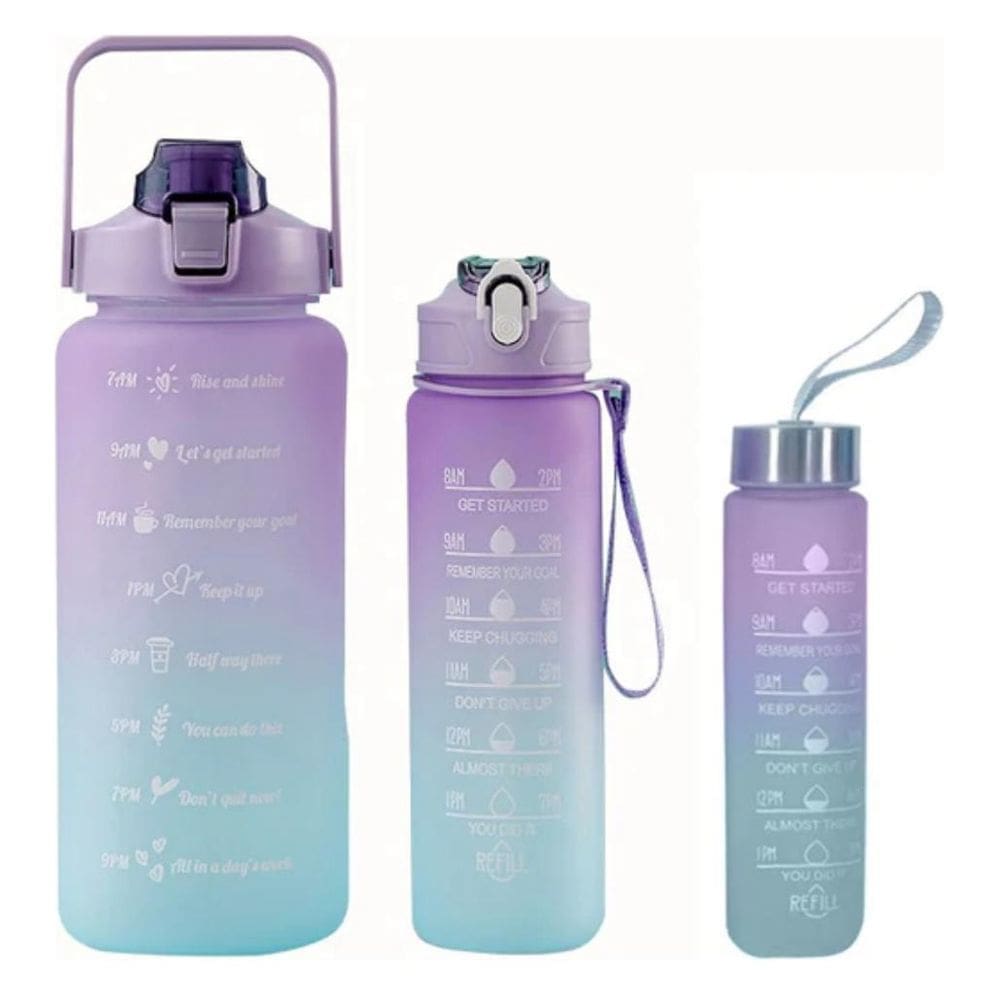 Kit com 3 Garrafas De Água Motivacional Roxo / Lilás 2 Litros + 800ml + 500ml