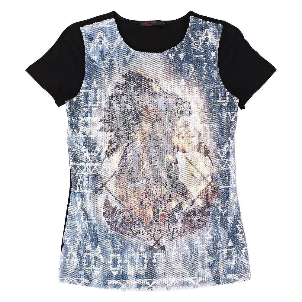 Camiseta Preta Feminina com Paetê Tassa Gold 21365