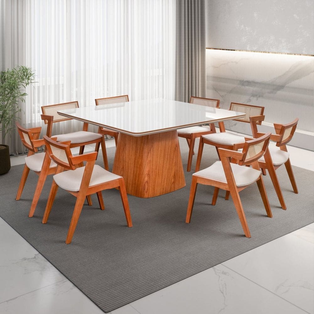 Conjunto Mesa Bergame Tampo com 8 Cadeiras em Madeira Maciça, Estofada e Rattan de Fibra 100% Marrom Champagnhe/Off White