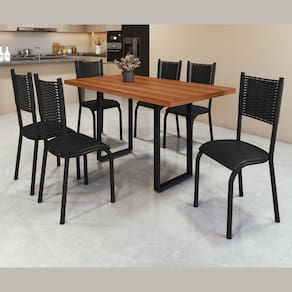 Conjunto Sala de Jantar 6 Cadeiras Mesa 140x75cm Tampo Madeira Bp Mariana Martelado Prata/Preto