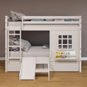Beliche Infantil com Janela Gavetas e Escorregador Madeira Maciça Branco Housin