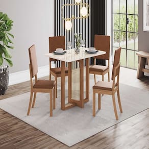 Conjunto Sala Jantar Natalí 120cm Canto Reto Ccom Vidro + 4 Cadeiras Milla Plus Marrom/Off White