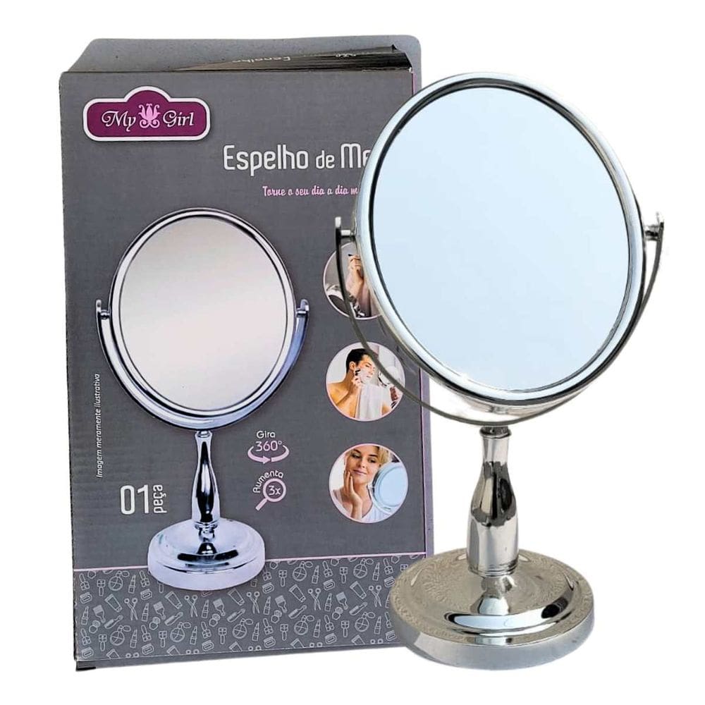 Espelho de Mesa My Girl Dupla Face Aumento 3x Gira 360 17cm - AFA0201