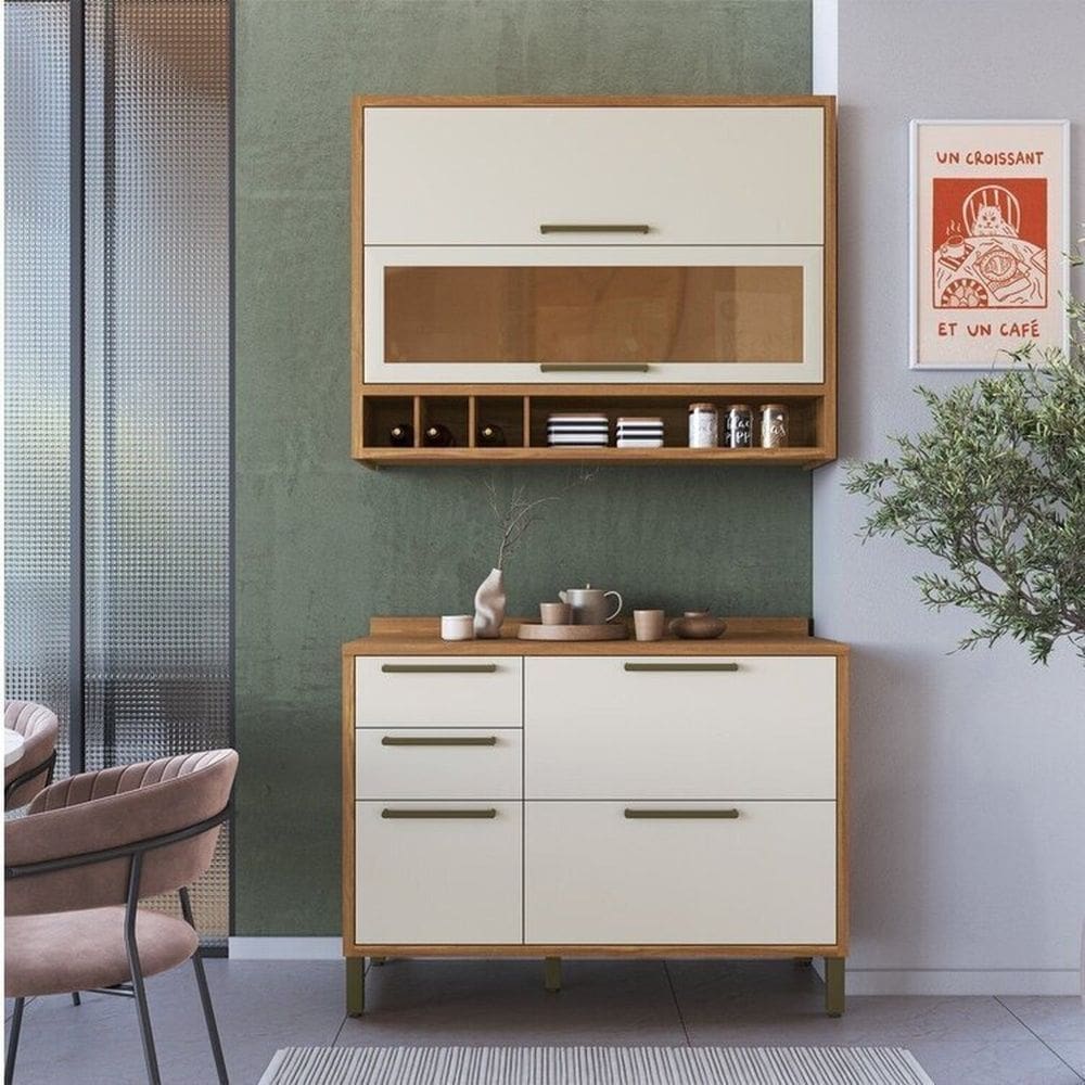 Cozinha Compacta 120cm com 2 Peças Vidro Reflecta e 3 Gavetas 100% Mdf Vicenza Espresso Móveis Amêndoa/Off White