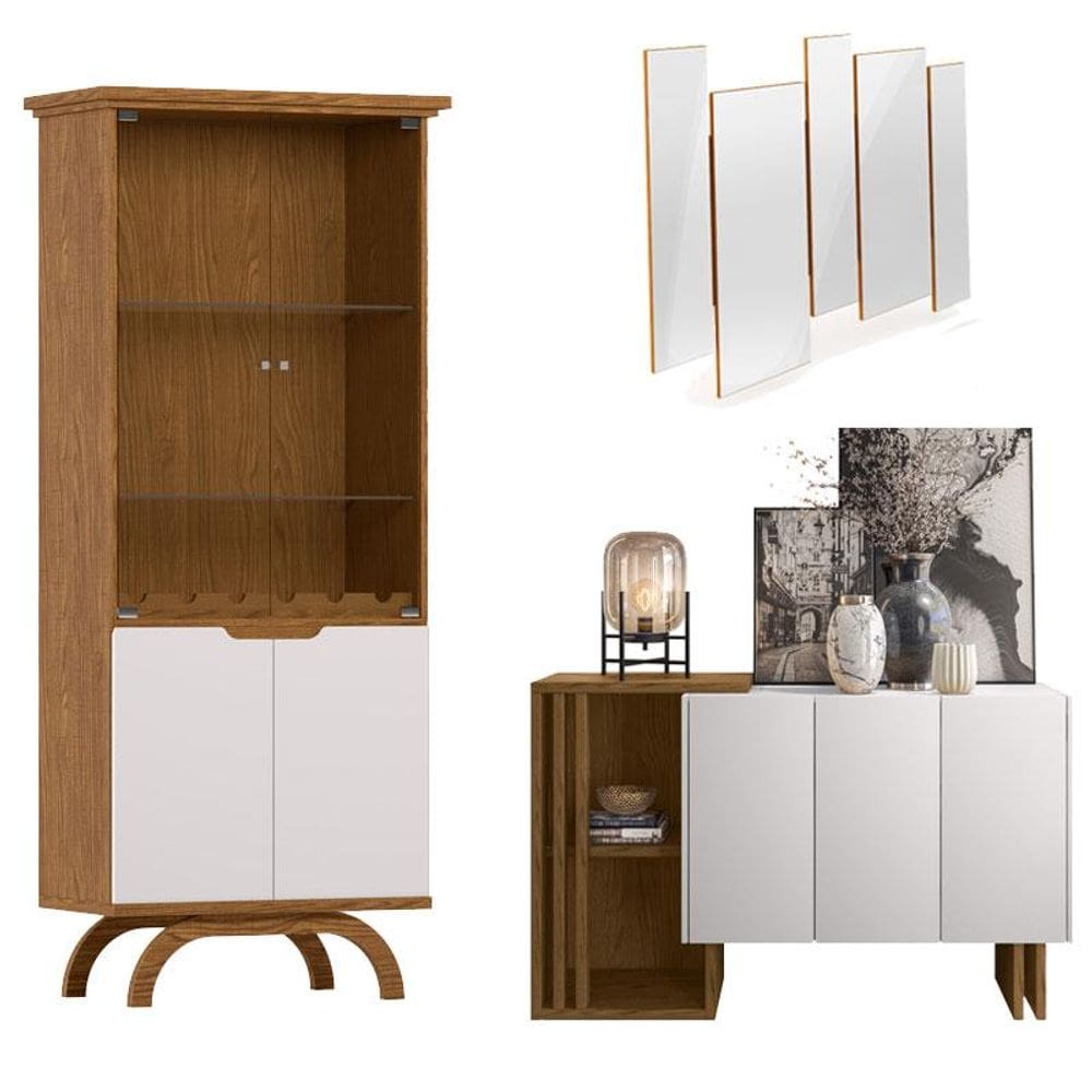 Cristaleira Vicenza com Aparador Buffet Berlim e Espelho Isadora Ype Off White - New Ceval