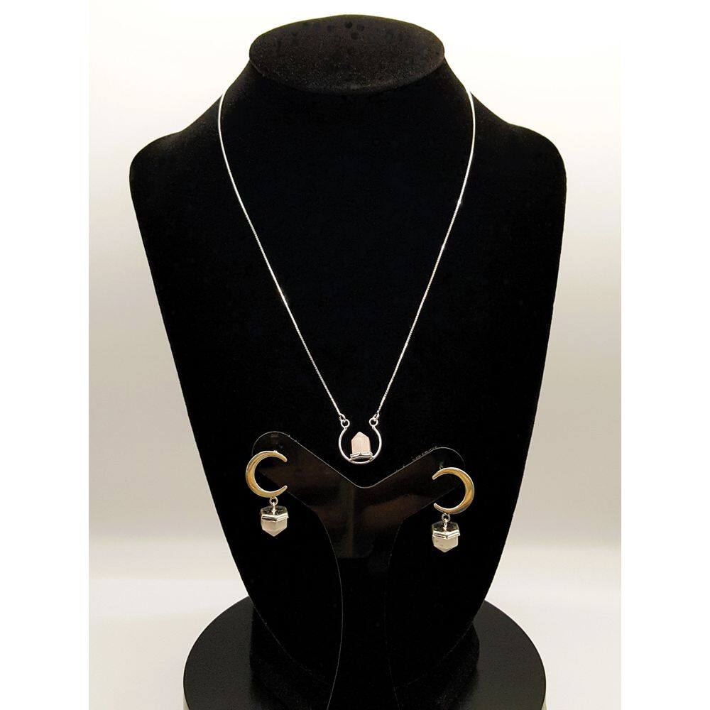 Conjunto Prata 925: Colar Pedra Natural Pendulo & Brincos Lua Quartzo Rosa