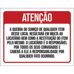 Placa Atenção Quebra Sumiço Multa Locatário 36X46