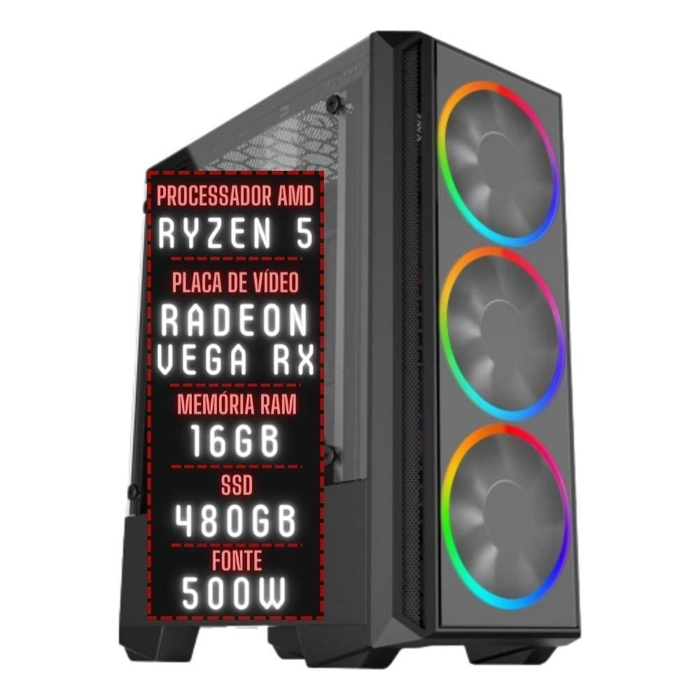 PC Gamer 3green Force AMD Ryzen 5 16GB DDR4 Placa de vídeo Radeon RX SSD 480GB Fonte 500W 3GFO-016