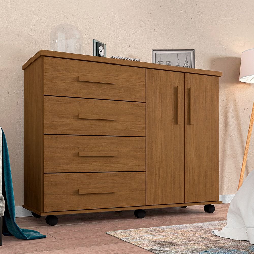 Cômoda Geval Encanto 04 Gavetas 02 Portas e Rodízios - Amêndoa Wood