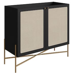 Balcão Bar Buffet 2 Portas Oslo Artesano 93 cm (larg) MDP Nero Palha Sintética Bege Pé Metal Dourado