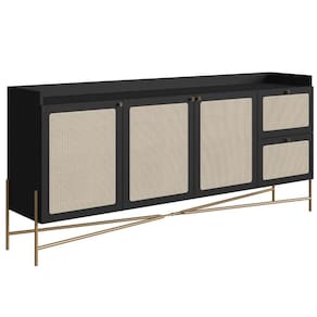 Balcão Buffet 3 Portas Oslo Artesano 183 cm (largura) MDP Nero Palha Sintética Bege Pé Metal Dourado