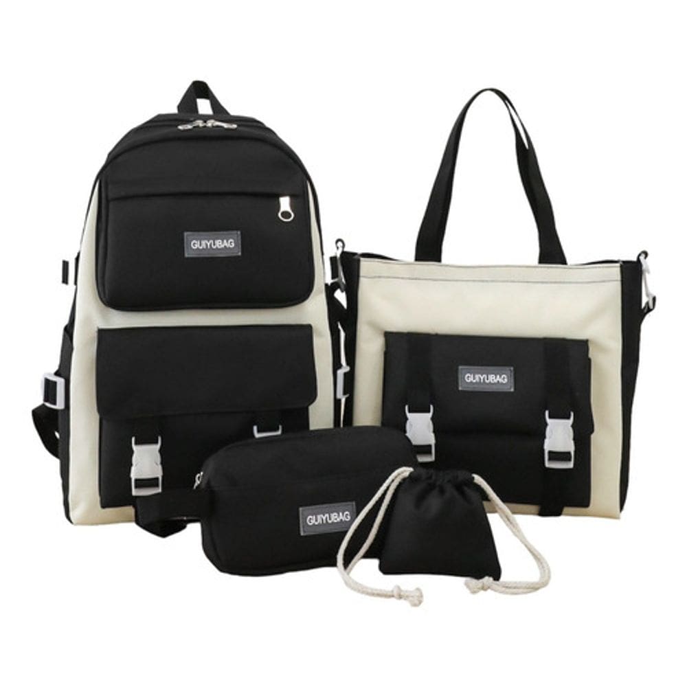 Kit 4pcs Mochilas Escolar Estojo Bolsa Juvenil Preta Branca