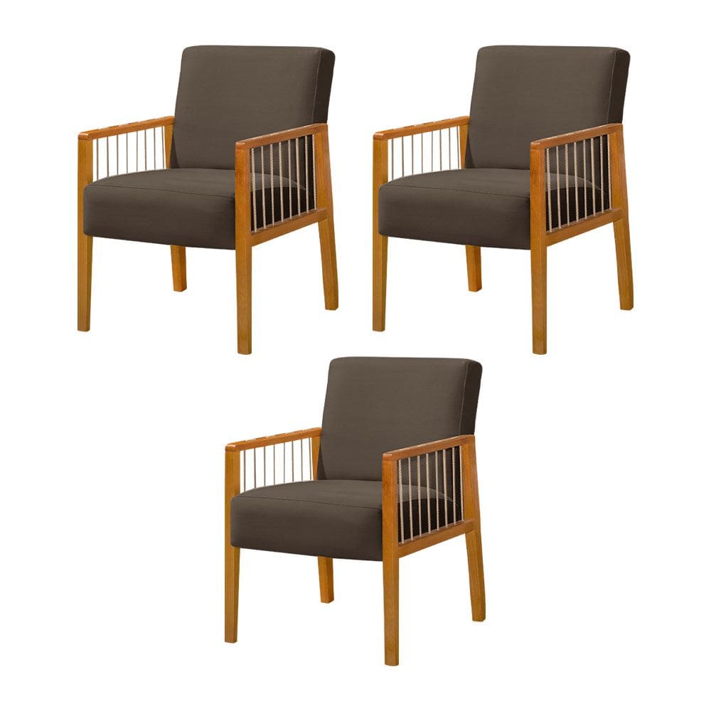 Kit 3 Poltronas Decorativa Base em Madeira Maciça e Corda Náutica Copacabana Veludo Marrom