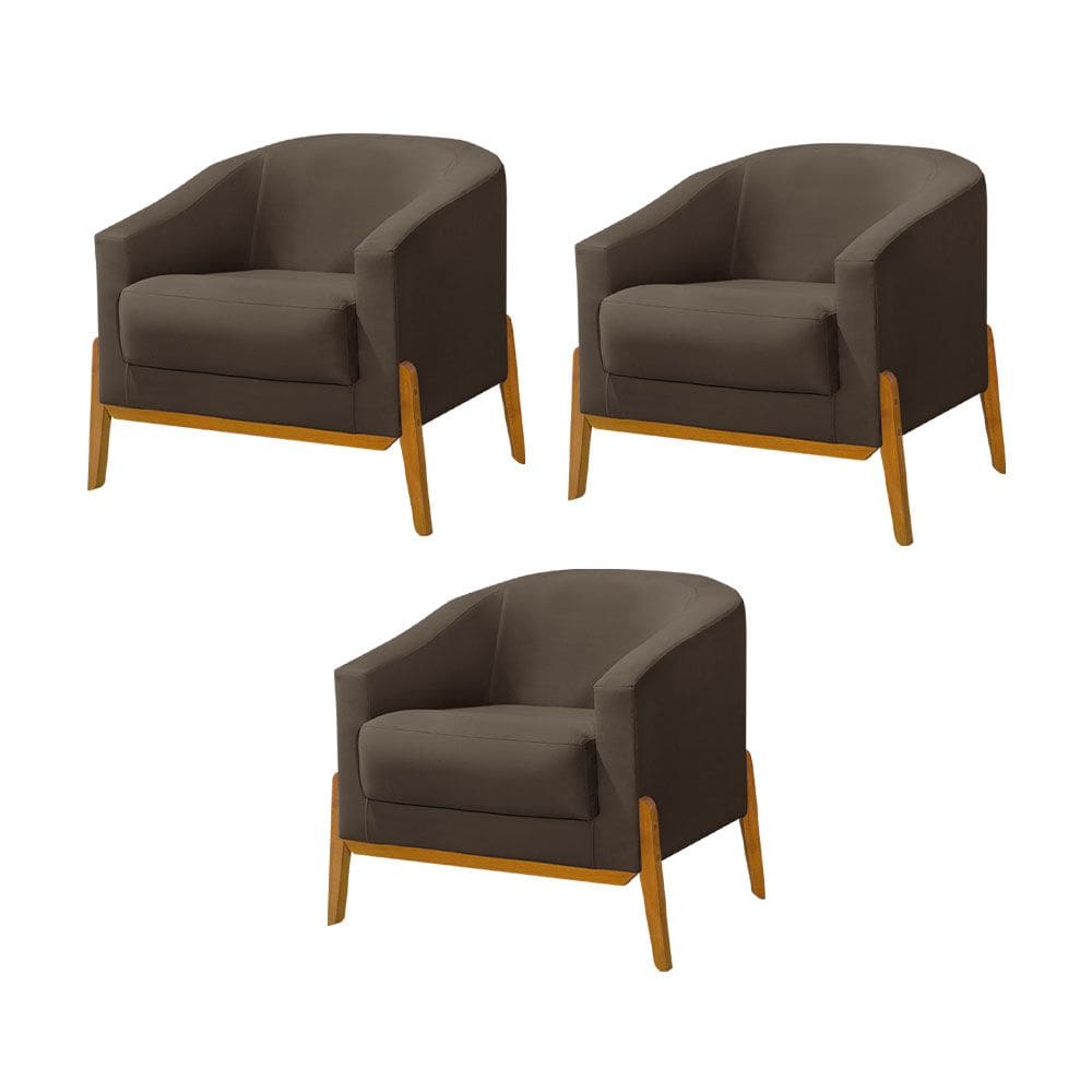 Kit 3 Poltronas Living Base em Madeira Maciça Flórida Veludo Marrom