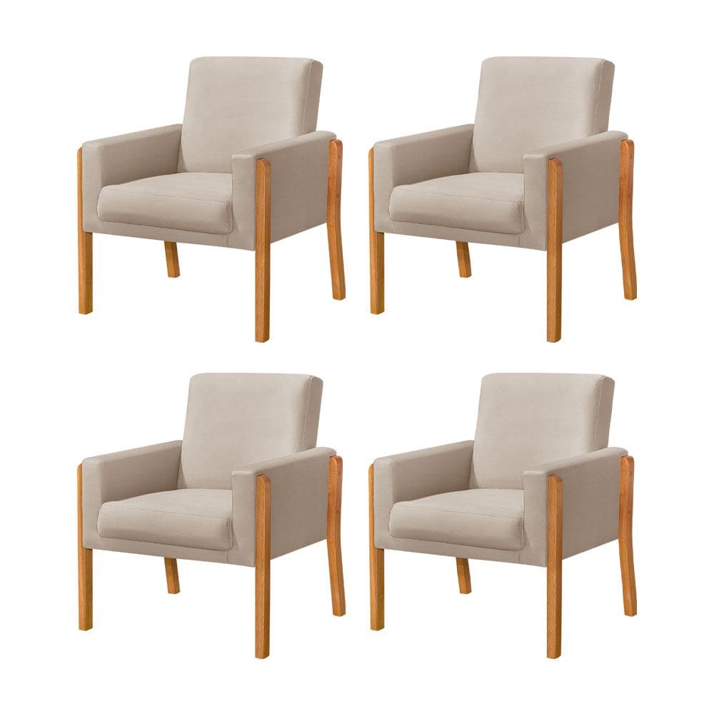 Kit 4 Poltronas Sala de Espera Pés em Madeira Santorini Veludo Bege