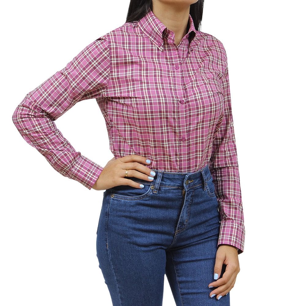 Camisa Feminina Xadrez Rosa Manga Longa Tassa 34126