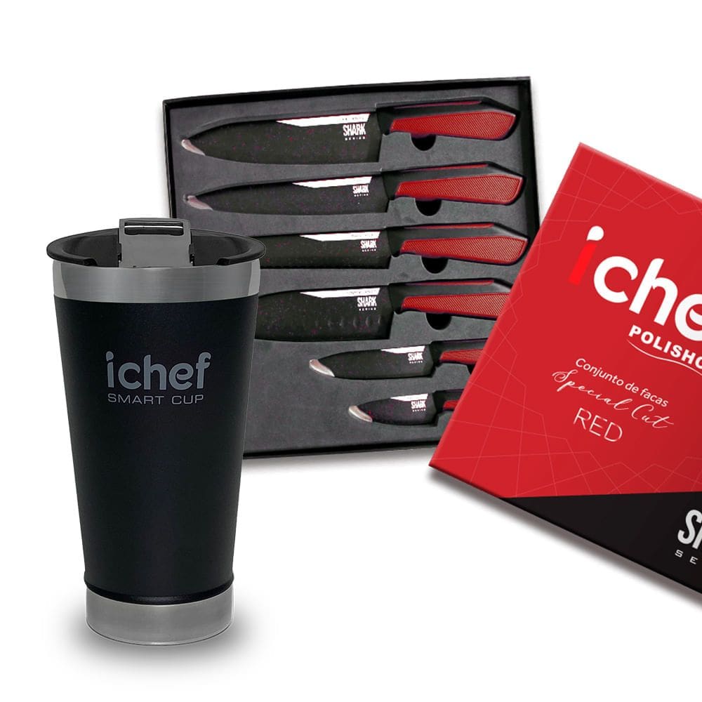 Conjunto de 6 Facas Special Cut Vermelha e Copo Térmico Com Tampa Smart Cup 600ml Ichef