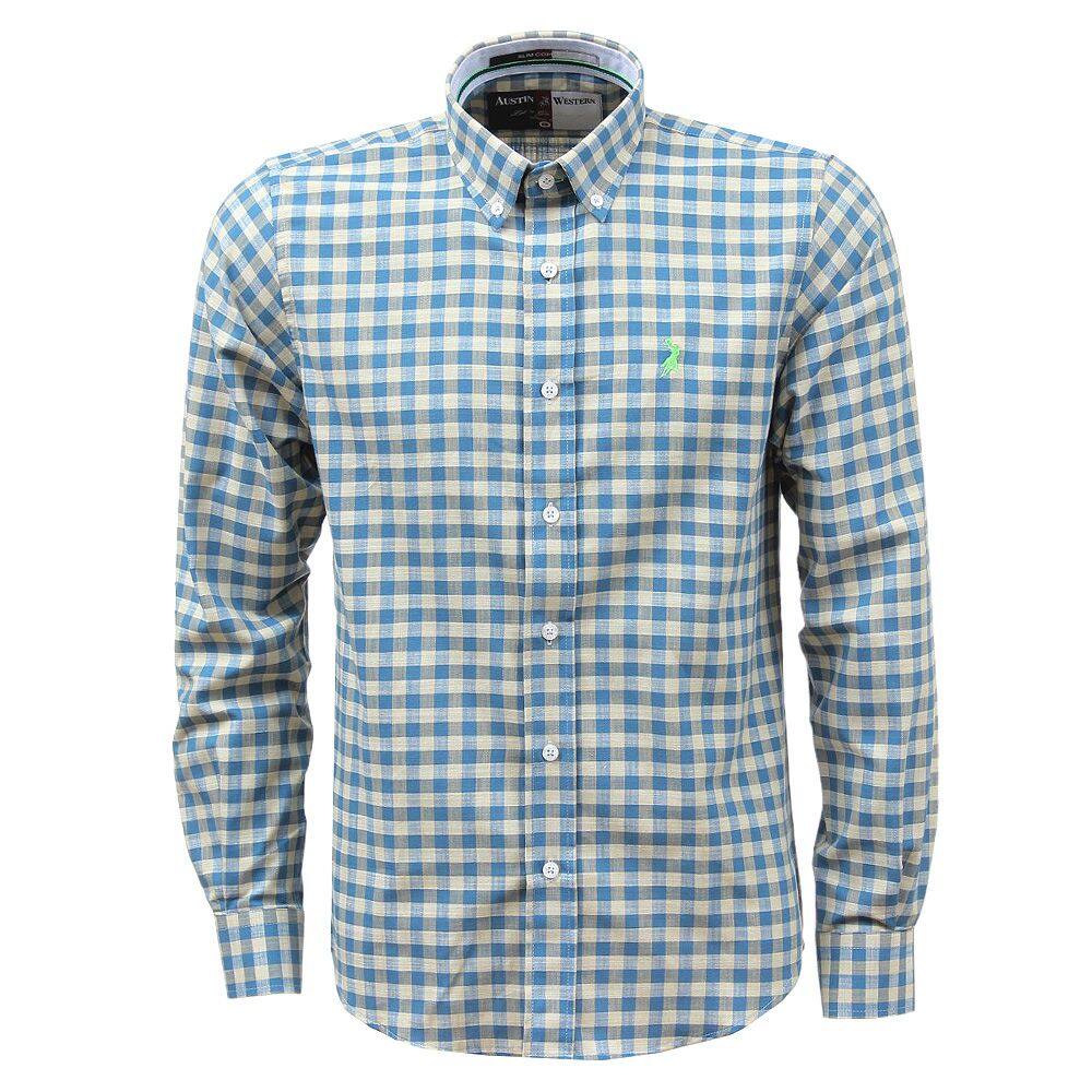 Camisa Masculina Xadrez Azul Manga Longa Austin 37097