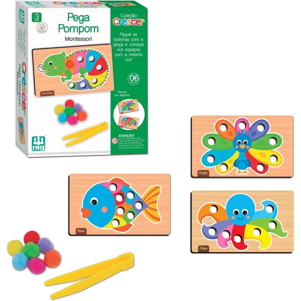 Jogo Infantil Pega Pom Pom Brinquedo Didático Em Madeira 6 Peças