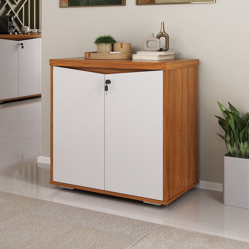 Balcão Multiuso para Escritório 2 Portas com Chave e Prateleira Interna Y37 em Tamburato freijó/ Branco