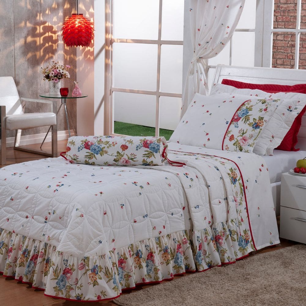 Colcha Solteiro Cobre Leito 03 Peças 100% Algodão Percal 180 Fios Fiorella