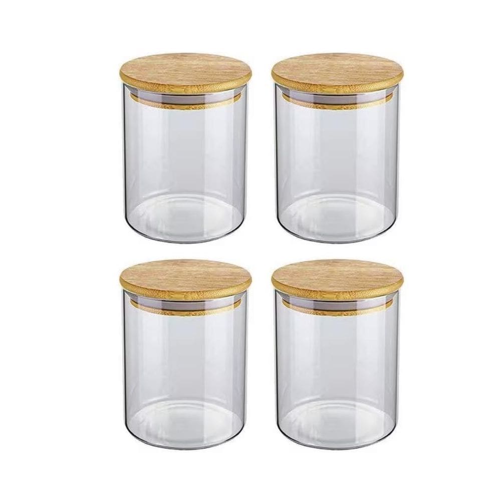 Kit 4 Potes Hermético De Vidro Tampa Bambu Condimentos 200Ml