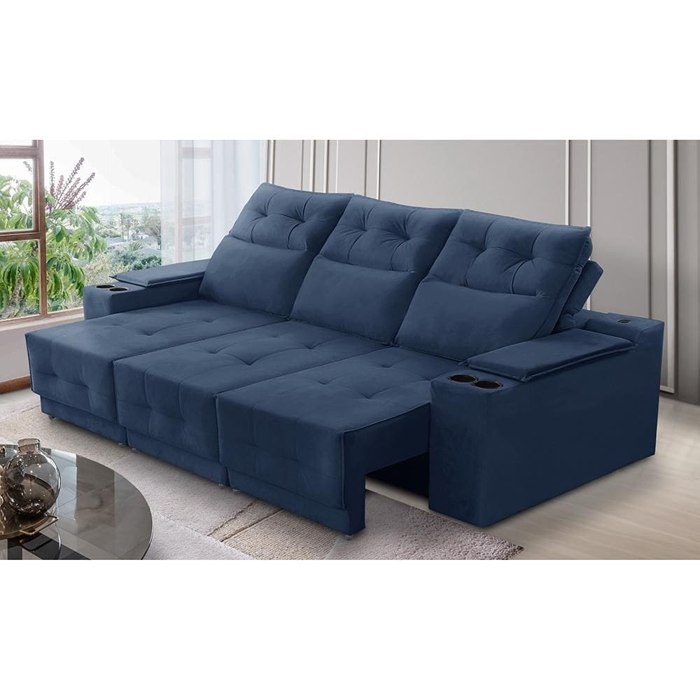 Sofá Retrátil Reclinável 3 lugares 2,30m com Porta Copos e USB Hannah Suede Azul Adonai Estofados