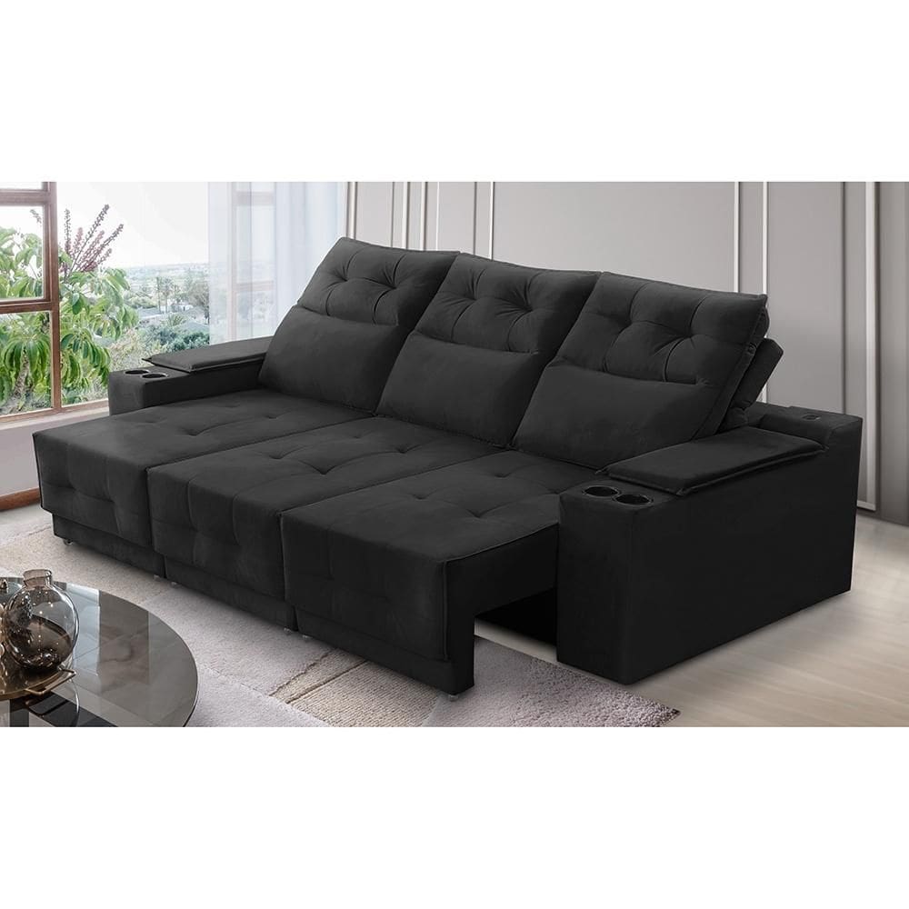 Sofá Retrátil Reclinável 3 lugares 2,30m com Porta Copos e USB Hannah Suede Preto Adonai Estofados