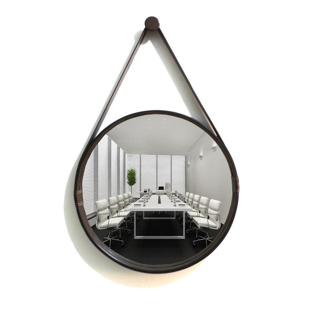 Espelho Redondo Decorativo Moldura Alça De Couro 60Cm Café